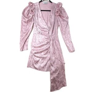 Glamaker Pink Wrap-Effect Draped Satin-Jacquard Mini Dress S Ruffled Shoulder